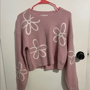 No Boundaries Pink and White Cropped Crew Neck Sweater with Floral Design